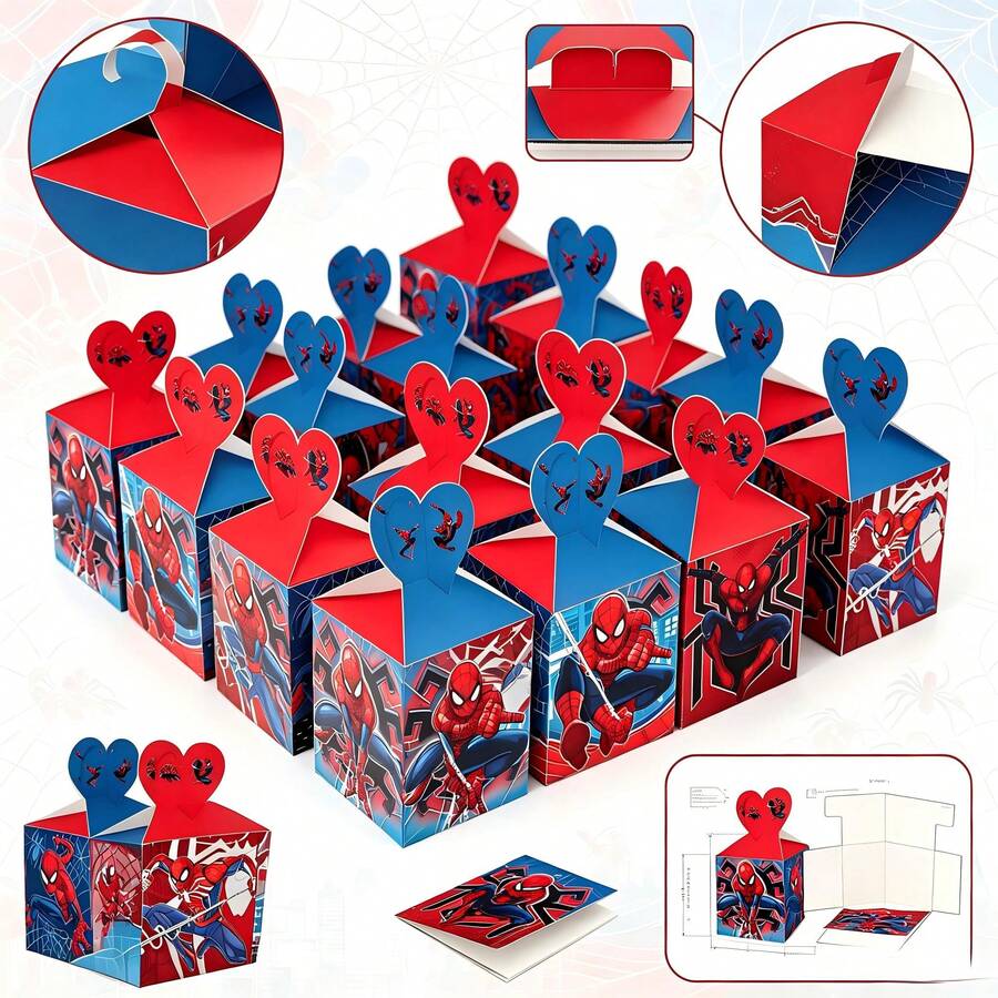 1set/12pcs Hero Style Heart-Shaped Premium Paper Candy Gift Boxes, Foldable Decorative Gift Boxes, Square Paper Gift Boxes For Snack And Candy Packaging, Ideal For Birthday Celebrations, Theme Home Parties, Indoor Gatherings, Costume Theme Events, Table Centerpiece Decoration, Giveaways And Holiday Party Atmosphere Decor - Multicolor - View 1