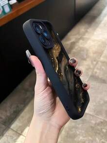 Matte Black Contrast Frame Phone Case, Black Background Fluid Gold Marble Ink Texture Printed Shockproof Soft TPU Protective Cover With Raised Camera Lens Frame, Compatible With Apple 11, 12, 13, 14, 15, 16, 17 Pro Max, Luxury Minimalist Neutral Style Phone Case Designed For Men And Women - Black - View 3