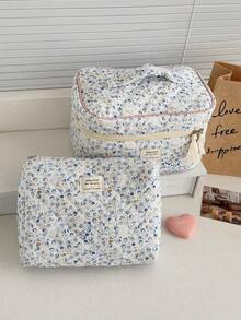 1pc/3pcs Light Blue Quilted Makeup Bag Set With Floral Pattern, Suitable For Travel; Zippered Storage Bag With Rope Texture Design For Organizing Cosmetics; Mini Pen Case With Fresh Soft Floral Pattern Design, Specially Designed For Girls, Suitable For Daily Makeup, Skincare, Travel And Stationery Storage - Multicolor - View 6