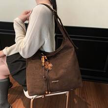 Slender Metal Plaque Hardware Detail Large Capacity Compartment Storage Carry-On Items Zipper Closure Relaxed Vintage Style Shoulder Bag Women Shopping Commuting Outing Large Bag Integrated Wide Strap Minimalist Commuting Large Bag - Coffee - View 4