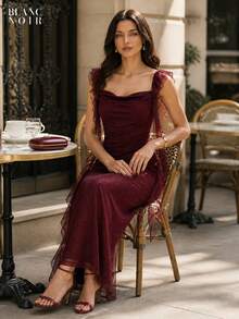 Burgundy| Women's Elegant Burgundy Sequin Mesh Ruffle Trim Bodycon Maxi Dress - 酒紅色 - 查看 5