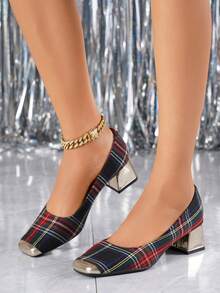 Classic Plaid Square Toe Pumps With 4.5cm Chunky Heel, Comfortable For Walking, Suitable For Various Outfit Styles, Fashionable Women's Shoes - Black - View 4