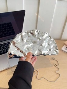 紋理貝殼手拿包 液態金屬半月形晚宴包 細鏈條斜跨迷你禮服包 - 銀色 - 查看 5
