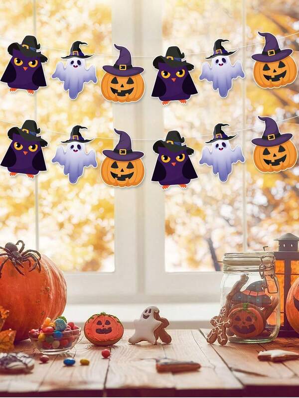 Pancarta Feliz Halloween Interior - Decoraciones de Fiesta de Halloween Exterior - Guirnalda con Búho Fantasma Calabaza Suministros de Fiesta de Terror para Decoración de Pared Puerta del Hogar