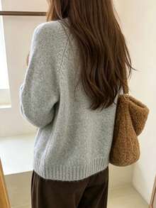 Women's Cozy Knit Sweater, Popular Daily Basic Style, Ribbed Cuffs Fuzzy Knit Top Fall - Grey - View 3