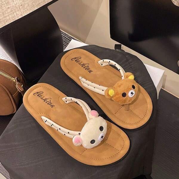 Rilakkuma 100 قطعة نعال صيفية لطيفة ومريحة بنقشة دب ونقاط متعددة الاستخدامات للارتداء الخارجي للنساء جديدة مضادة للانزلاق مسطحة