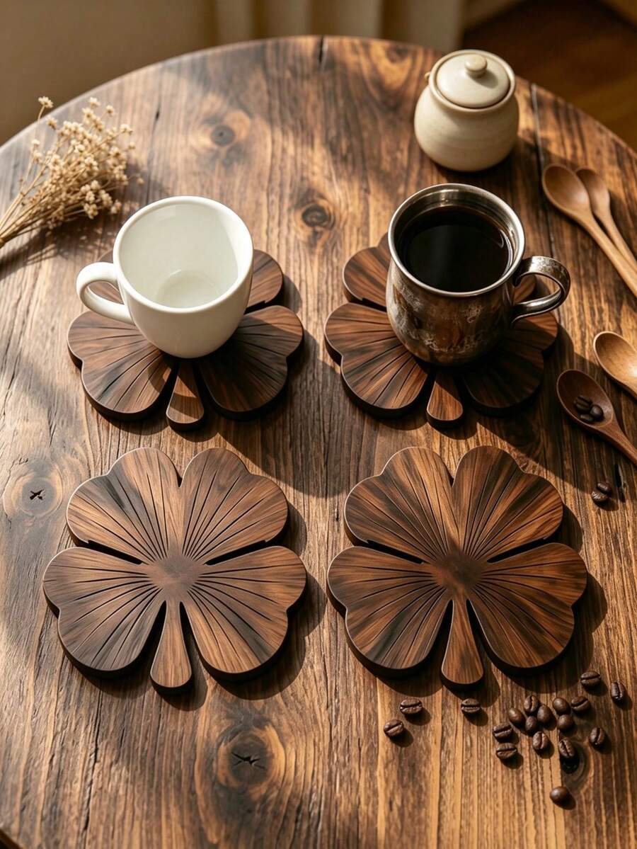 1/4/8pcs Clover Wooden Coaster Set, 4pcs Walnut Color Coasters, Luxury Coffee Tea Cup Desktop Protection Coaster Set, Heat-Insulating Mat, Beverage Mat, Suitable For Home Bar And Country Style Home Decor Gift - Multicolor - View 1