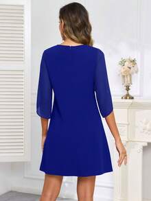 Women's Solid Color Round Neck Lightweight Comfortable Cocktail Party Ruffle Sleeve Chiffon A-Line Casual Dress, Spring/Summer Elegant - Blue - View 3