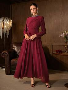 Elegant Women's Burgundy Formal Dress With Beaded Stand Collar, Long Sleeves And Flared Hem, Suitable For Charming Evening Events - Burgundy - View 5