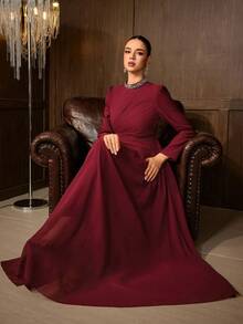 Elegant Women's Burgundy Formal Dress With Beaded Stand Collar, Long Sleeves And Flared Hem, Suitable For Charming Evening Events - Burgundy - View 6