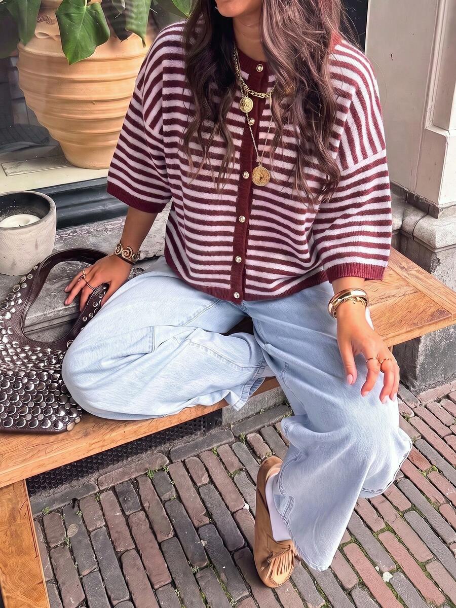 MORI Fall Winter Women Cardigans Y2K Cozy Wine Red Striped Elbow Sleeve Crewneck Loose Knit Sweater Cardigan Button Down Tops Fall Fashion Outfits - Red and Pink - View 1