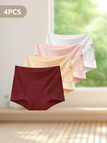 4pcs Women's Mid/High Waist Briefs, Featuring Lace Patchwork Design On Sides, Random Floral Lace Pattern, Elegant & Romantic, Full Coverage Butt Lift, Soft & Breathable Fabric, Suitable For Outdoor Cycling Or Sports - Multicolor - View 6