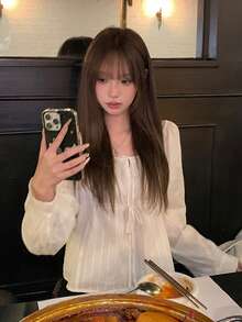 Doll Blouse Square Neck Striped Print Tie-Front Elegant Long Sleeve Shirt White - White - View 1
