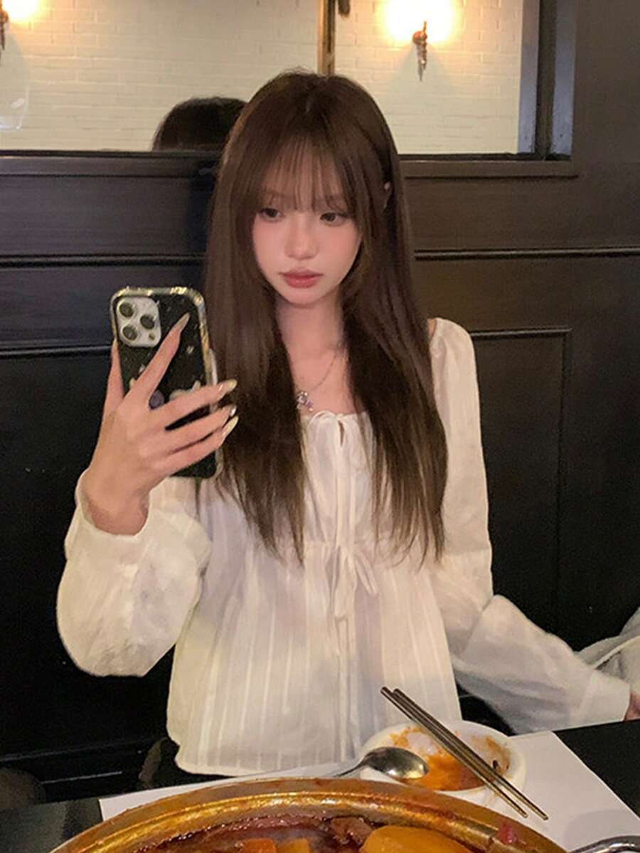 Doll Blouse Square Neck Striped Print Tie-Front Elegant Long Sleeve Shirt White - White - View 1
