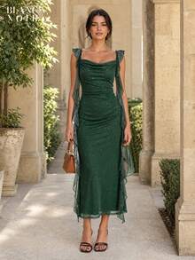 Dark Green| Women's Elegant Dark Green Sequin Mesh Ruffle Trim Bodycon Maxi Dress - 深綠色 - 查看 1