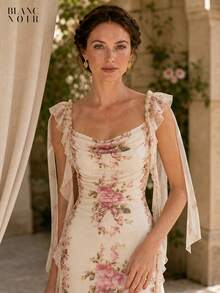Cream Floral Print |   Women's Elegant Cream Floral Print Sequin Mesh Ruffle Trim Bodycon Maxi Dress - 奶油花卉 - 查看 2