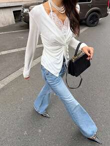 Women's White Long Sleeve V-Neck Lace Patchwork Front Twist Pullover T-Shirt, Slim Fit, Flattering, Pure Desire Style, Suitable For Spring Daily Commute And Date Wear, Base Layer - White - View 7