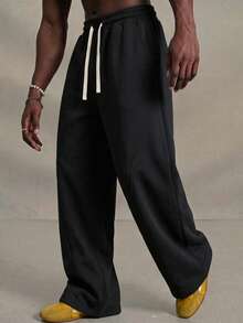 Solid Color Curved Split Wide Leg Sweatpants For Men, Drape Knit Fabric, Contrast White Double Drawstring, 3D Curved Stitching Tailoring, Loose Drape, Basic Loose Long Pants, Unisex - Black - View 7