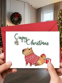 1pc Cute Christmas Card With Envelope, Printed Capybara In Xmas Jumper & Gift Boxes, "Capy Christmas", For Wife, Husband & Animal Lovers, Holiday Gift Exchange, Blank Inside - A - View 1