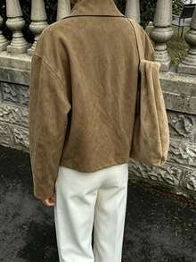 Women's Vintage Brown Knit Collar Jacket With Pockets, Long Sleeve Regular Length, Suitable For Autumn/Winter - Brown - View 3