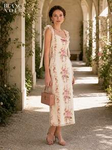 Cream Floral Print |   Women's Elegant Cream Floral Print Sequin Mesh Ruffle Trim Bodycon Maxi Dress - 奶油花卉 - 查看 12