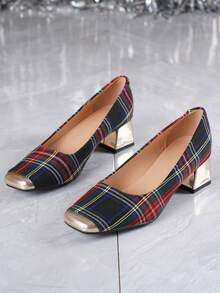 Classic Plaid Square Toe Pumps With 4.5cm Chunky Heel, Comfortable For Walking, Suitable For Various Outfit Styles, Fashionable Women's Shoes - Black - View 6