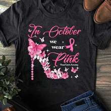 In October We Wear Pink Butterflies Breast Cancer Awareness, Breast Cancer,Cancer Shirt, Cancer T Shirt, Cancer Survivor, Breast Cancer Gift - Black - View 6