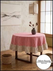 1pc Red And White Plaid With Beige Ruffle Edge Round Tablecloth, Classic Country Style, Beige Ruffle Edge Patchwork Detail Decoration, Functional Home Round Tablecloth Suitable For Family Dining And Cozy Home Decor Scenes - Red - View 9