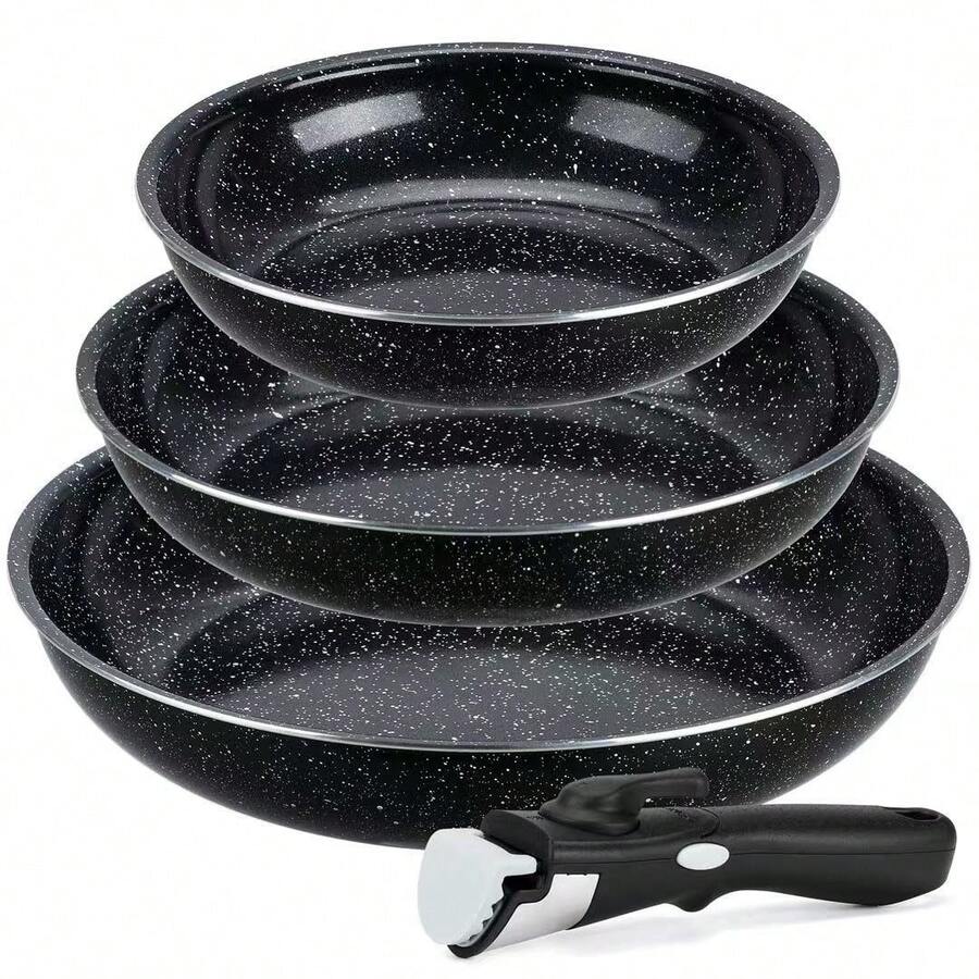 4PCS Non-Stick Cookware Set, Stackable Pots And Pans Set With Detachable Handle, Frying Pan Set With Spoon & Spatula, Removable Handle Kitchen Cookware, Dishwasher And Works On Gas, Electric & Induction Stovetops - View 1