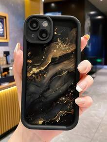 Matte Black Contrast Frame Phone Case, Black Background Fluid Gold Marble Ink Texture Printed Shockproof Soft TPU Protective Cover With Raised Camera Lens Frame, Compatible With Apple 11, 12, 13, 14, 15, 16, 17 Pro Max, Luxury Minimalist Neutral Style Phone Case Designed For Men And Women - Black - View 4