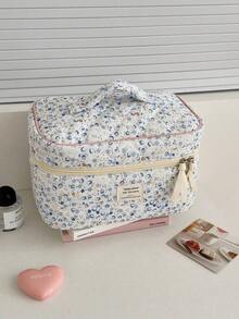 1pc/3pcs Light Blue Quilted Makeup Bag Set With Floral Pattern, Suitable For Travel; Zippered Storage Bag With Rope Texture Design For Organizing Cosmetics; Mini Pen Case With Fresh Soft Floral Pattern Design, Specially Designed For Girls, Suitable For Daily Makeup, Skincare, Travel And Stationery Storage - Multicolor - View 8