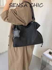 Leopard Print Pattern Star Charm Accessory Drawstring Closure Design Adjustable Long Shoulder Strap Open Closure Vintage Y2K Hot Girl Style Tote Bag Women's Large Capacity Shoulder Bag Daily Commute Travel School Handbag - Black - View 4