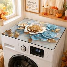 Luckybutterfly 1PC Luxury Blue & Gold 3D Rose Print Washing Machine Top Cover Pad, Anti-Slip Anti-Dust Countertop Protector, Laundry Room Decorative Table Mat - Multicolor - View 2