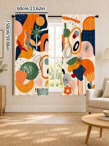 2Pcs Abstract Geometric Art Curtains, Modern Style Color Block Asymmetrical Line Print Pattern, Semi-Sheer Rod Pocket Curtains, Suitable For Living Room And Bedroom, Rod Not Included - Multicolor - View 14