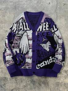 ANDREILEE Men's New Halloween Autumn Winter Casual Loose Minimalist V-Neck Button-Up Cardigan Sweater With Cute Cartoon Pattern And English Letter, Long Sleeve Knit Jacket - Purple - View 3