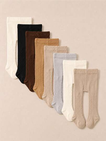 5 Pairs Unisex Baby Cable Knit Tights, Solid Color Full Foot Tights, Soft Warm Elastic High Waist Cable Texture Stirrup Tights, Elastic Waist Breathable Slim Fit Layering Tights, Suitable For Toddlers Autumn/Winter Daily Wear, Warm Set