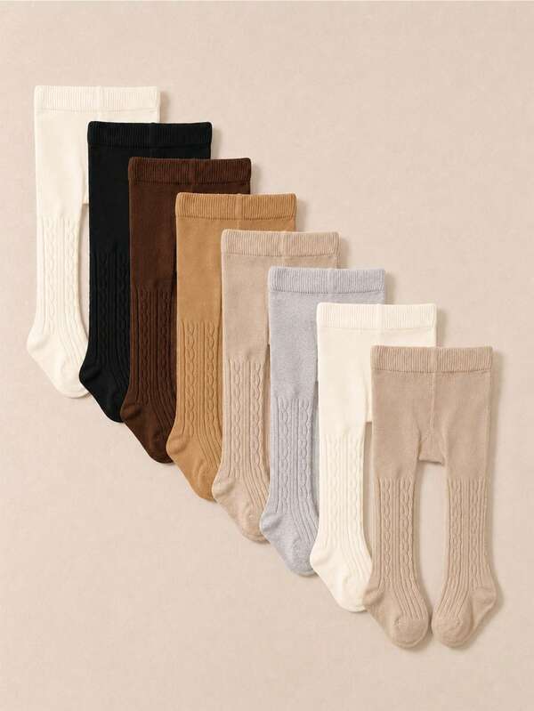 5 Pairs Unisex Baby Cable Knit Tights, Solid Color Full Foot Tights, Soft Warm Elastic High Waist Cable Texture Stirrup Tights, Elastic Waist Breathable Slim Fit Layering Tights, Suitable For Toddlers Autumn/Winter Daily Wear, Warm Set