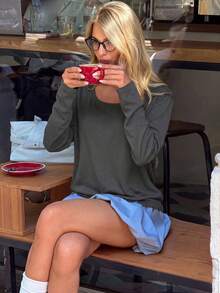 Solid Color Versatile Long Sleeve T-Shirt Women's Autumn Slimming Inner Layer Round Neck Casual Relaxed Base Layer Top - Grey - View 2