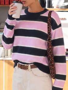 Women Fall Pink Navy White Striped Knit Sweater, Crew Neck Drop‑Shoulder Long Sleeve Loose Pullover For Campus Casual Date Daily Going‑Out - Multicolor - View 8