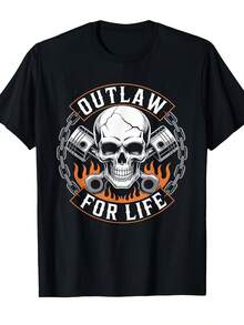 Camiseta Outlaw Skull Hardcore Spirit Country Western Biker Life [Diseño Genial] Estilo Urbano en  para Mujer, Camiseta de Algodón Cómoda con Cuello Redondo, Diseño y Mangas del Mis - Negro - Ver 1