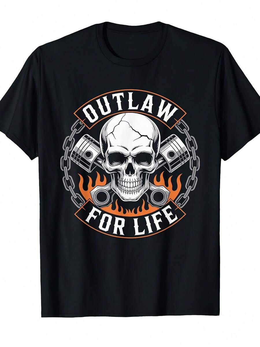 Camiseta Outlaw Skull Hardcore Spirit Country Western Biker Life [Diseño Genial] Estilo Urbano en  para Mujer, Camiseta de Algodón Cómoda con Cuello Redondo, Diseño y Mangas del Mis - Negro - Ver 1