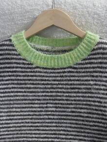 Women's Vintage Colorblock Striped Knit Sweater With Dropped Shoulders And Puff Sleeves, Winter Top For Casual, Commuting, Dating And Vacation Fall - Green - View 5