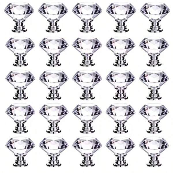 25pcs Silver Drawer Knobs, Diamond Shaped Crystal Glass Pulls 30mm Cabinet Knobs Handles