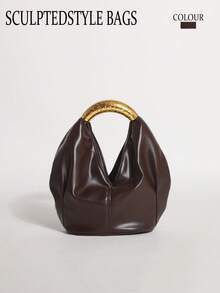 1pc Brown PU Ruffled Design Vintage Metal Hardware Handbag, Exquisite Fashion Zipper Bucket Bag, Suitable For Commuting And Shopping - Coffee Brown - View 8