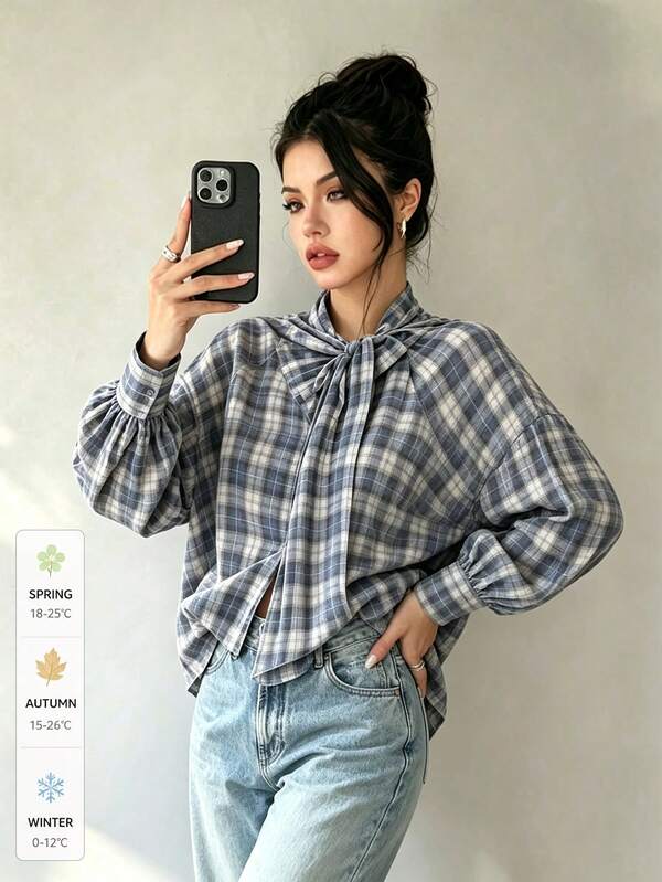 Women's Autumn Gray Blue Plaid Bow Tie Tie-Up Stand Collar Vintage Loose Lantern Sleeve Hem Split Long Sleeve Blouse, Suitable For Autumn Commute, Cafe Visit, Casual Date, Outdoor Outing