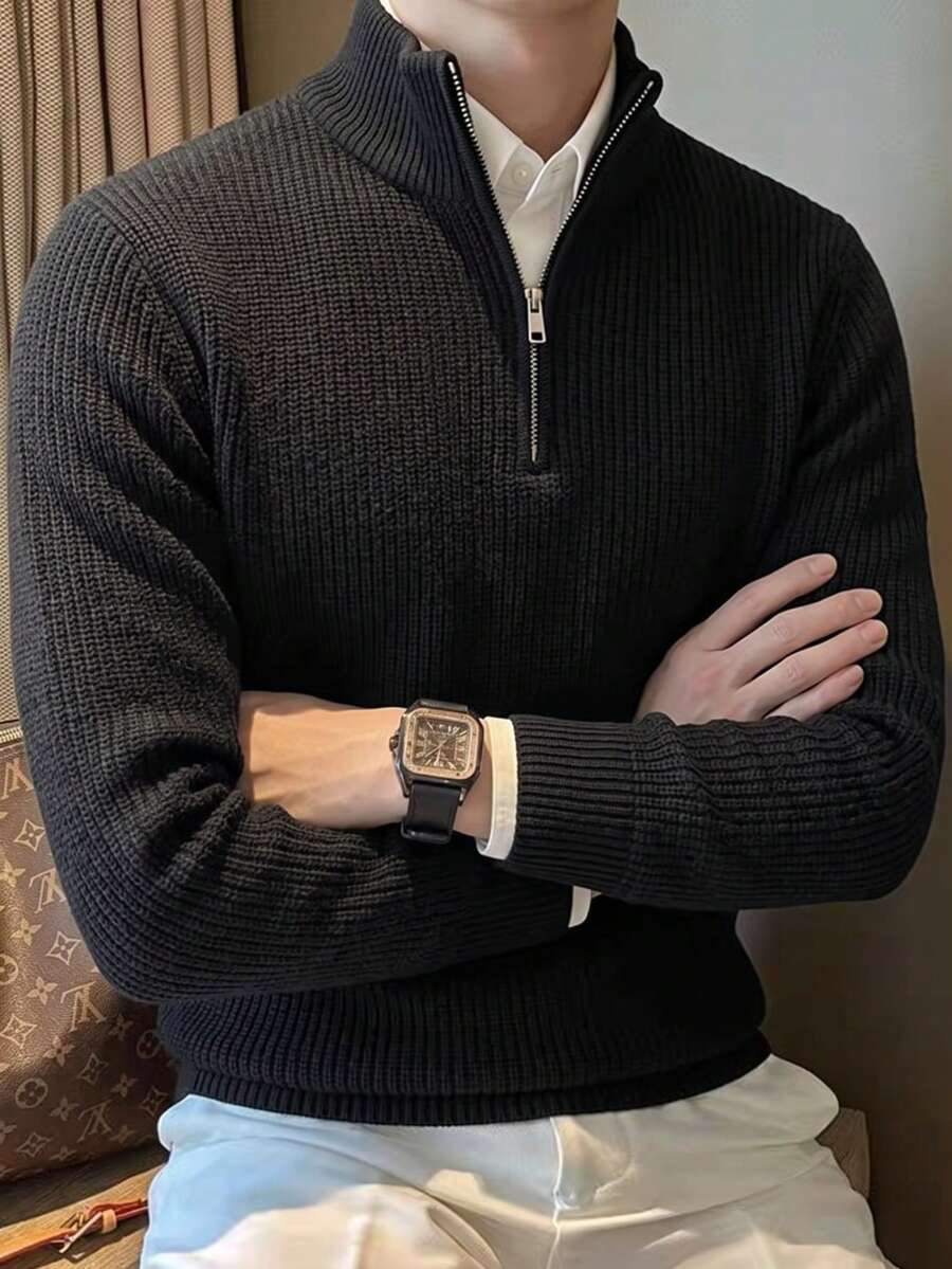 Men's Half-Zip Stand Collar Knit Sweater, Solid Color Ribbed Texture Pullover, Casual Commute Thickened Top, Autumn/Winter - Black - View 1