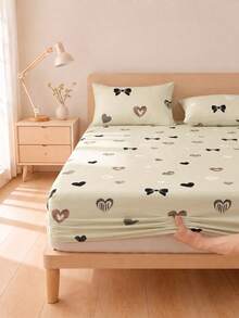 1 Stück Khaki Herz- & Schleifenmuster Spannbetttuch, Matratzenschoner, weich & atmungsaktiv, passend für Twin, Full, Queen & King Size Betten, tiefe Tasche bis zu 11,8 Zoll, geeignet für Zuhause, Wohnheim, Schulanfang Bettwäsche - Pastellgrün - Übersicht 2