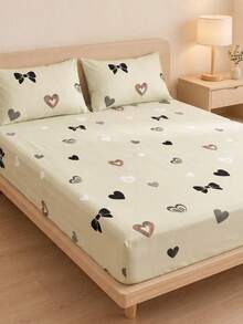 1 Stück Khaki Herz- & Schleifenmuster Spannbetttuch, Matratzenschoner, weich & atmungsaktiv, passend für Twin, Full, Queen & King Size Betten, tiefe Tasche bis zu 11,8 Zoll, geeignet für Zuhause, Wohnheim, Schulanfang Bettwäsche - Pastellgrün - Übersicht 5