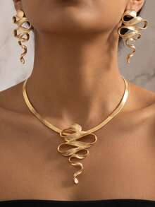 2pcs/Set European And American Luxury Style Gold Snake Bone Chain Set, Featuring 3D Wavy Twisted Texture Pendant And Earrings Design, Suitable For Women Pursuing Elegant Dynamism And Fashionable Aura - Yellow Gold - View 3