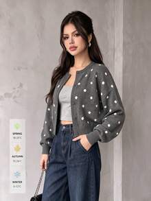 SUNSTORY Autumn Grey Polka Dot Round Neck Short Knit Cardigan, Dropped Shoulder Long Sleeve Single-Breasted Sweater Jacket, Casual Basic Denim Style, Suitable For Commuting, Outings, Daily Wear - Dark Grey - View 9